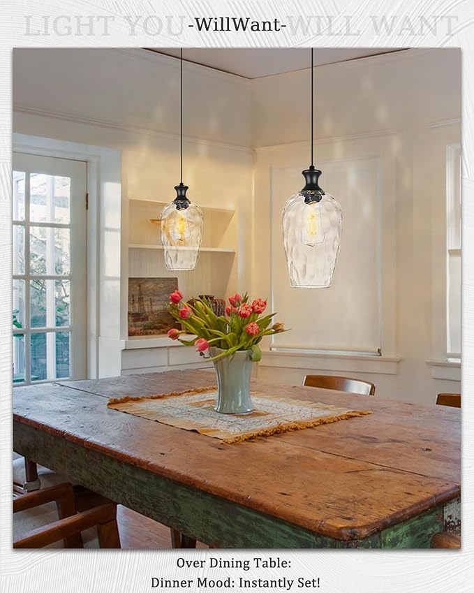 2-Pack Black Pendant Lights Kitchen Island, Modern Farmhouse Hanging Ceiling Lights with Hammered Glass for Dining Room Kitchen Sink
