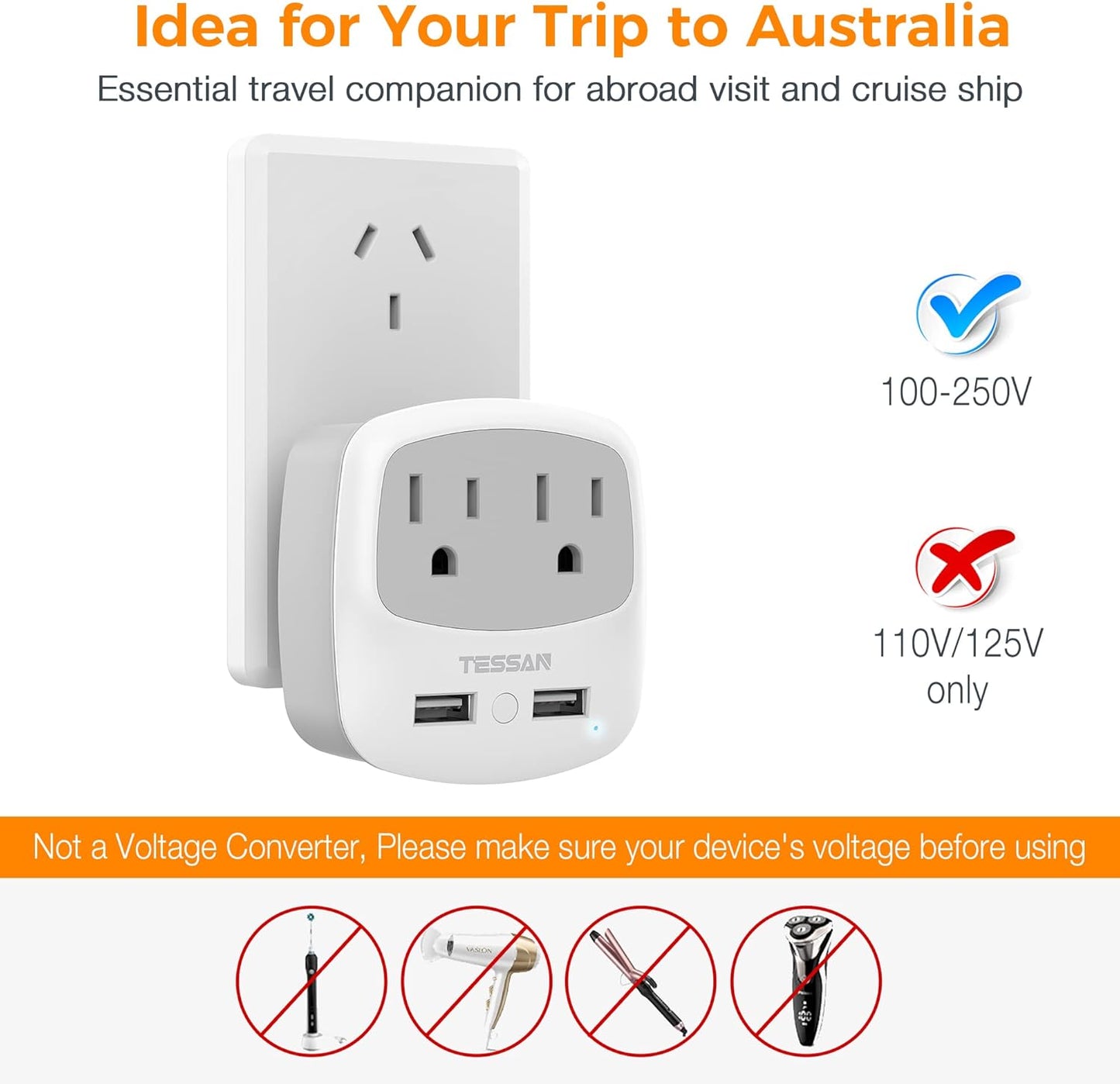 TESSAN New Zealand Australia Plug Adapter, Type I Travel Adaptor with 2 USB Ports 2 American Outlets, US to Australian AU Fiji Argentina China Charger Power Converter