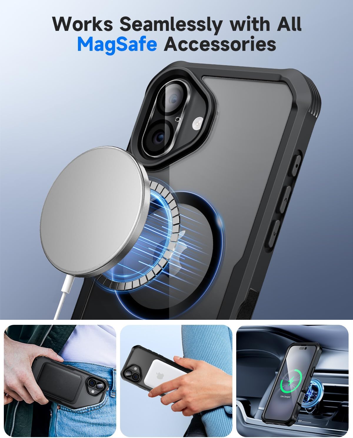 seacosmo for iPhone 16 Plus Case, Full Body Bumper with Built-in 9H Tempered Glass Privacy Screen Protector and Camera Lens Protector, Compatible with MagSafe, Shockproof Phone Cover, 6.7", Black