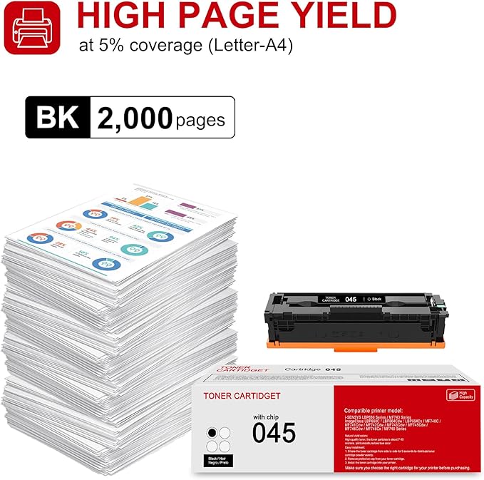 1 Pack 045 1242C001 Black Toner Cartridge: Compatible CRG045 Replacement for Canon Color imageCLASS MF631Cn MF632Cdw MF633Cdw MF634Cdw LBP613Cdw LBP610C Series i-SENSYS LBP613Cdw MF635Cx Printer