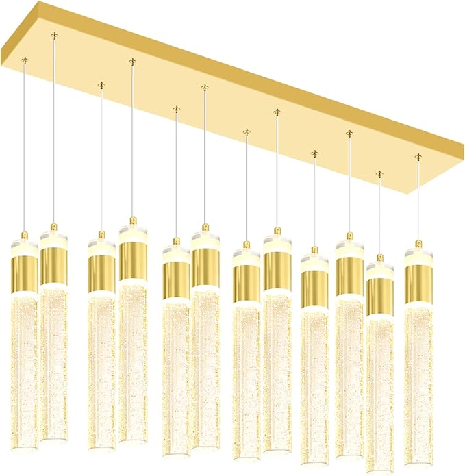 Glam Rectangular Crystal Column Chandelier for High Ceiling 12-Lights Gold LED Dimmable Pendant Light for Kitchen Island Dining Room Entrance Foyer Living Room Adjustable Height