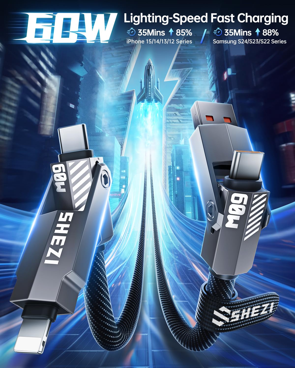 SHEZI Nylon Braided 4 in 1 USB C Cable 60W 3FT Compatible with Lightning Cable, Fast Charging for iPhone/iPad Charger Cord [480Mbps Data Sync],Multi Charging Cable with Type C/USB A, Grey