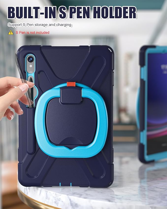 BRAECN Kids Case for Samsung Galaxy Tab S10 Lite/S10 FE 2025 & S9 FE/S9 2023 10.9"/11" | Heavy Duty Shockproof Silicone Cover with Rotating Handle, Shoulder Strap, Kickstand & S Pen Holder, Navy Blue