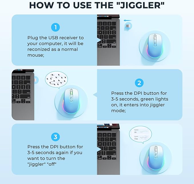 PEIOUS Wireless Mouse Jiggler - LED Wireless Mice with Build-in Mouse Mover, Rechargeable Moving Mouse for Laptop with Undetectable Random Movement Keeps Computers Awake - Blue to White