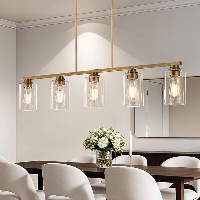 Island Light for Kitchen, Brushed Brass Dining Room Light Fixture Over Table, 5-Light Linear Chandelier Pendant Lighting for Dining Table Kitchen Island Living Room