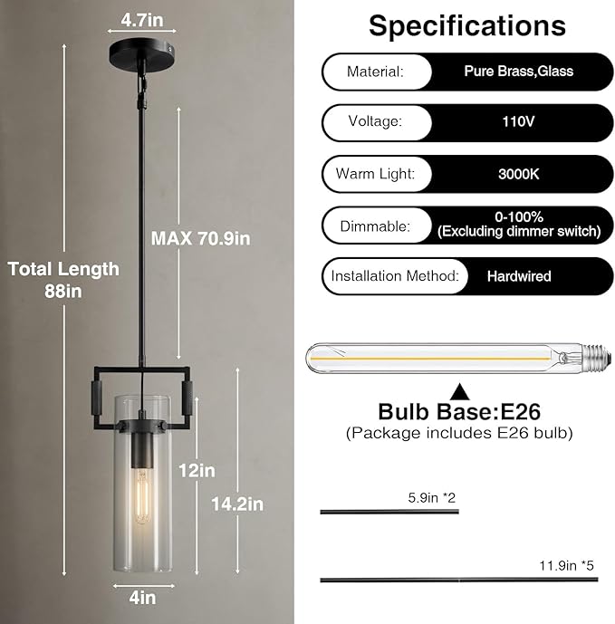 Modern Kitchen Island Pendant Lights 2 Pack,12 Inch Black Farmhouse Pendant with Copper Glass Shade | Hanging Lights for, Bathroom Vanity, Bedroom