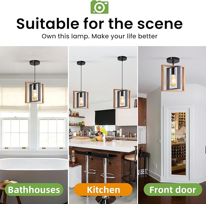Farmhouse Pendant Light Fixture, Black Kitchen Island Pendant Lights, Industrial Metal and Vintage Wood Hanging Light, Adjustable Height Rustic Ceiling Lamp for Entryway, Dining Room, Foyer