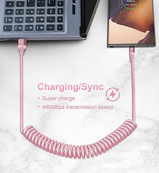 Coiled USB A to USB C Cable for Car [2-Pack, 6ft], USB Type C Cable Fast Charging, iPhone USB-C Charger Cable Compatible with iPhone 17/16/15/Plus/Pro/Pro Max/Samsung Galaxy A10e A20 A50 S20 S10E-Pink