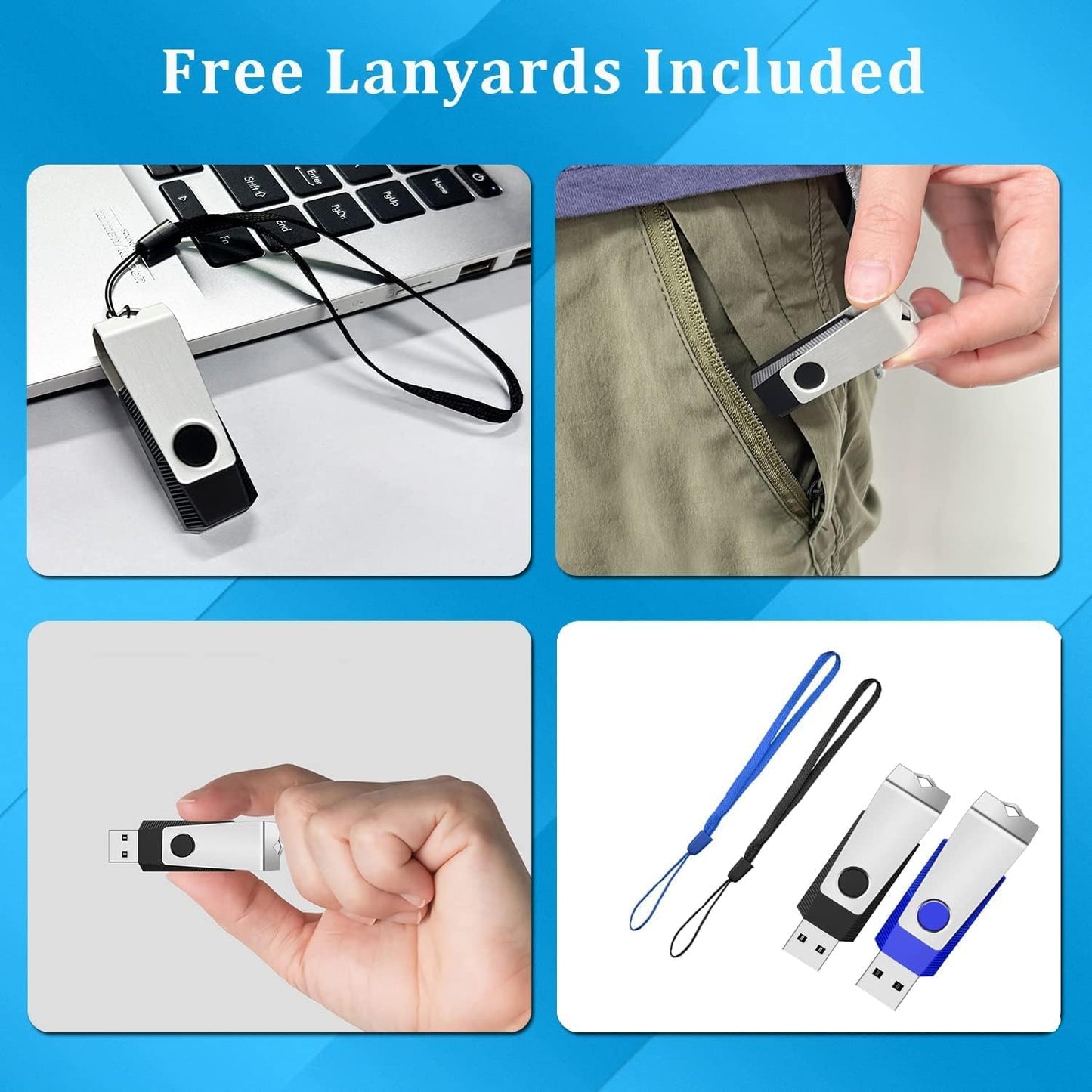 2GB Flash Drive 2 Pack, USB 2.0 Thumb Drives Jump Pen Drive Memory Stick with LED Light and Lanyards for Storage and Backup (Black Blue)