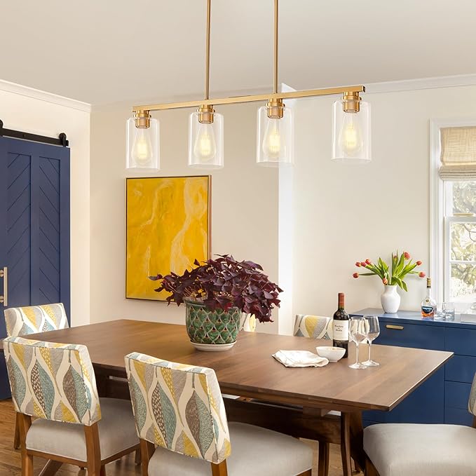 Island Light for Kitchen, Brushed Gold Dining Room Light Fixture Over Table, 4-Light Linear Chandelier Pendant Lighting for Dining Table Kitchen Island Living Room