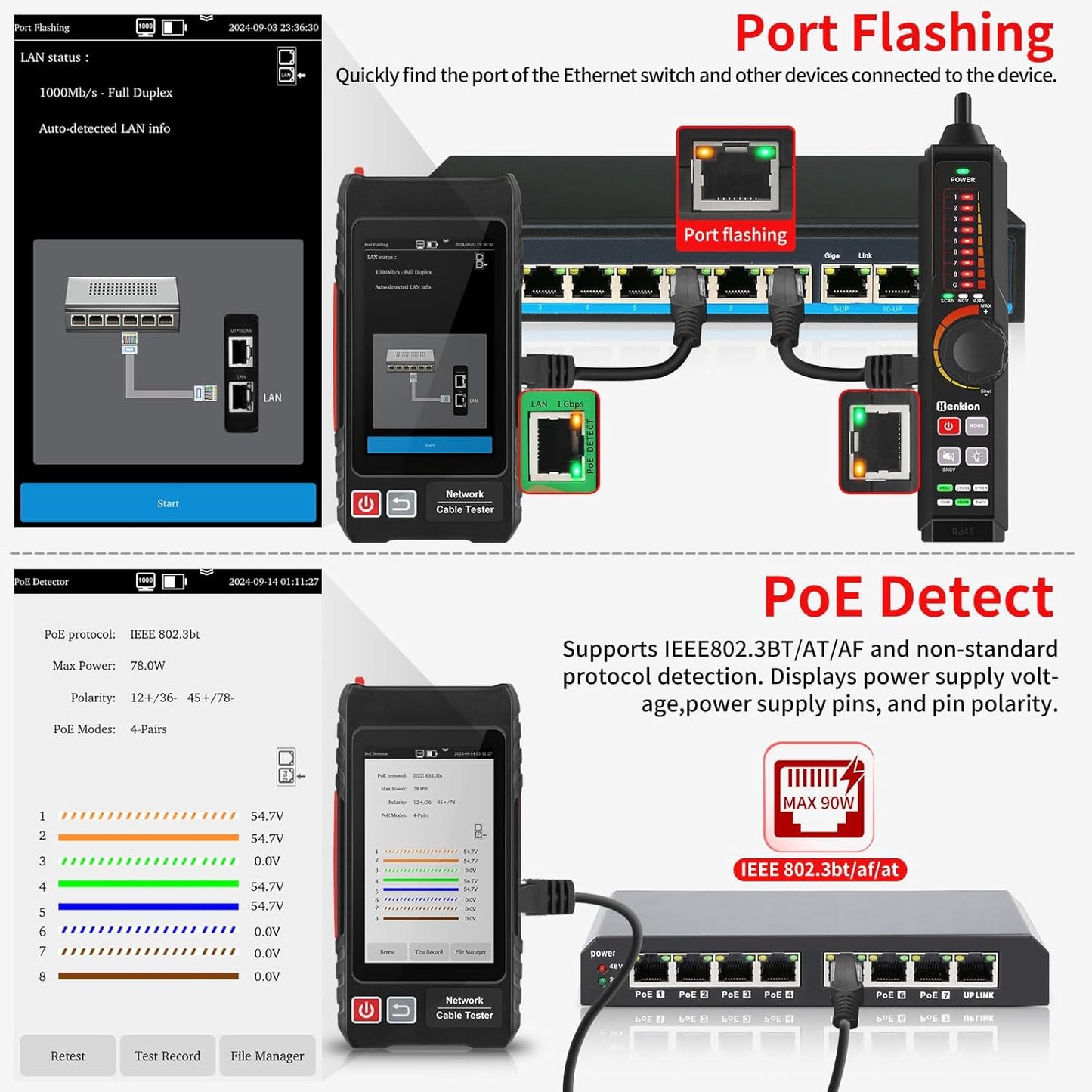 Multifunction RJ45 Network Caber Tester, 4" IPS Touch Screen UTP Cable Tester,Rechargeable Ethernet Cable Tracer,Support Network Tools, POE++ Detect,Cable Length Meter,RJ45 TDR Test, NCV,PD Power,FTP