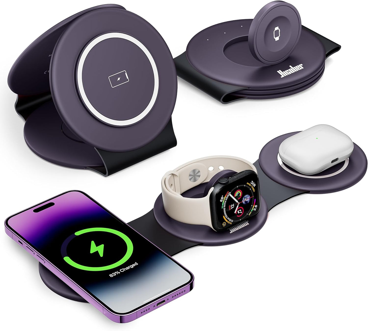 Hicober 3 in 1 Charging Station for Apple Multiple Devices, Foldable Travel Wireless Charger 18W for iPhone 16 15 14 13 Pro Max Plus &Apple Watch Series/Airpods Purple