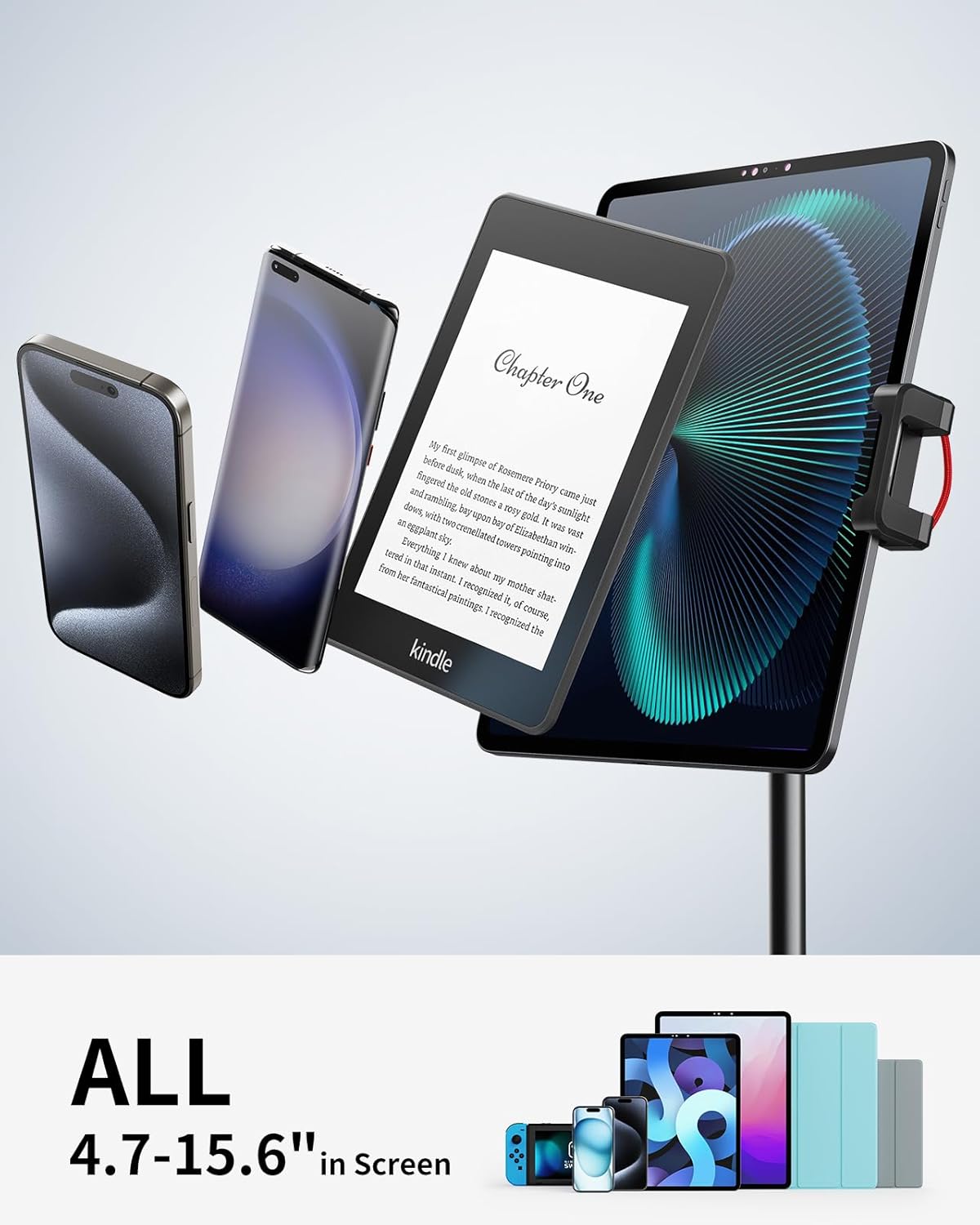 SAIJI Tablet Stand Holder, Height Adjustable Portable Monitor Stand, 360 Degree Rotating, Aluminum Alloy Cradle Mount Dock for 4.7"-15.6" Screen iPhone Samsung, iPad, Kindle, eBook Reader(Black)
