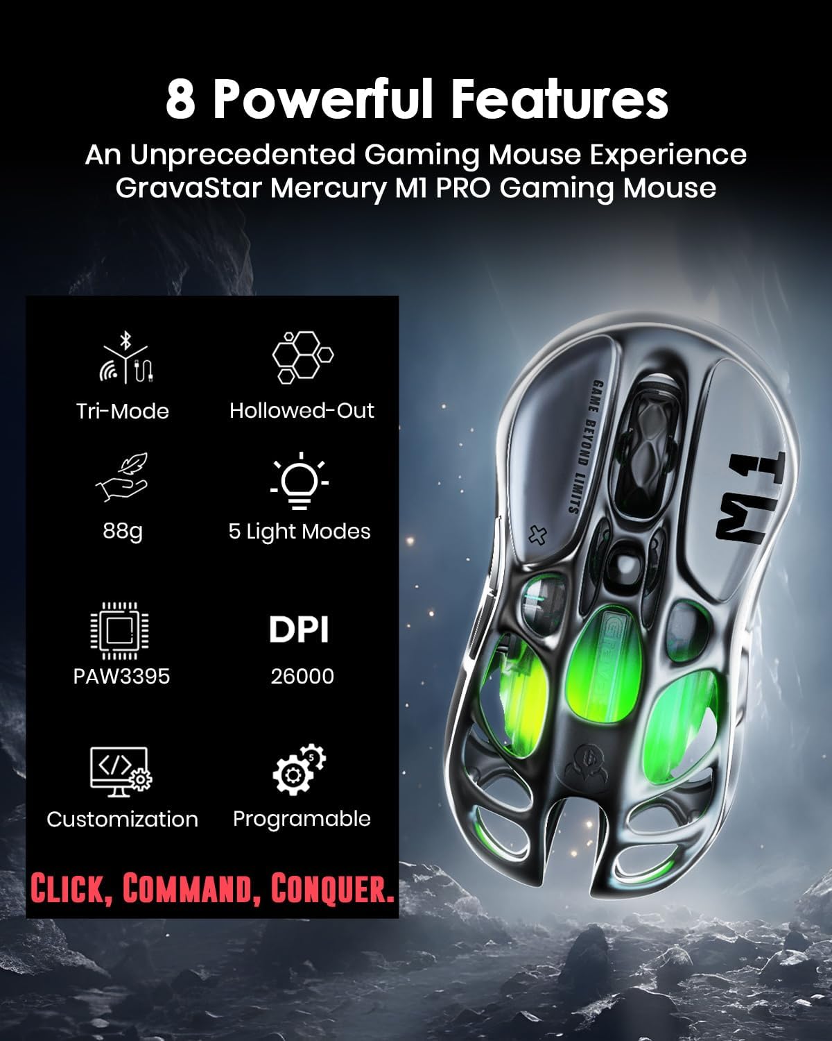 GravaStar Wireless Gaming Mice Mercury M1 Pro, Lightweight Magnesium Alloy Gaming Mouse, 26,000 DPI, PAW3395DM Sensor, Tri Mode Connection, Support 4K, Up to 200 Hours Battery Life
