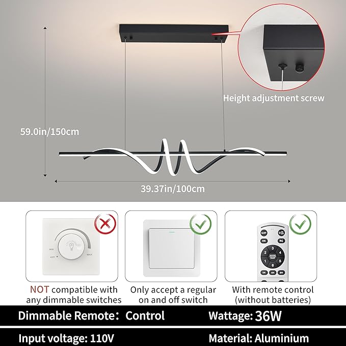 Modern LED Pendant Light, 39.37in Black Chandelier Dimmable with Remote & Phone Control,3000K-6000K Adjustable Color Temperature, Aluminum Modern Kitchen Light Fixture for Dining Room