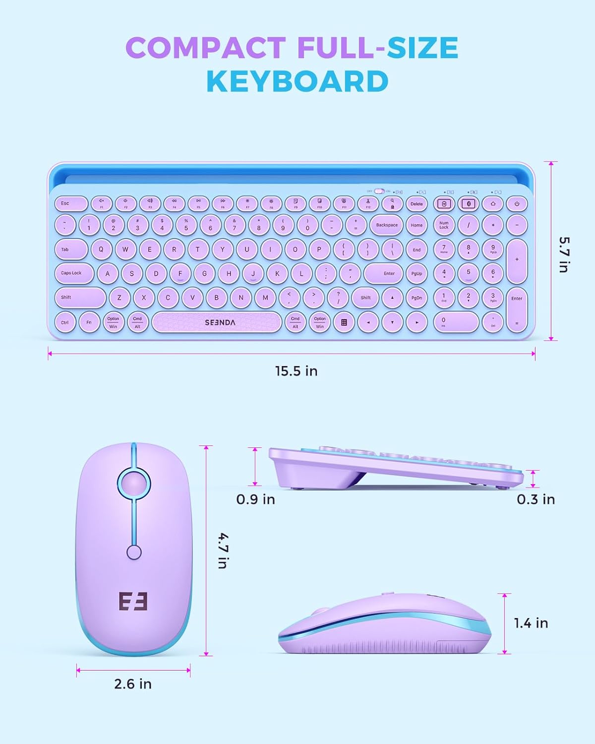 seenda Bluetooth Keyboard and Mouse for iPad, CTU-301 Multi-Device Bluetooth + 2.4G Wireless Keyboard Mouse with Tablet Holder for MacBook/Windows Computer, iOS/Andriod Tablet Phone, Blue & Purple