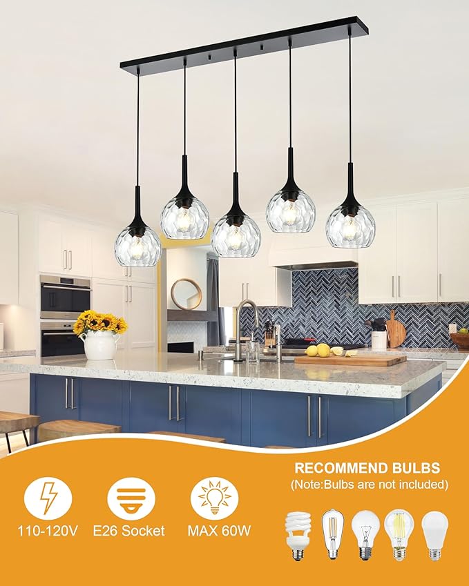 VINLUZ 5-Light Hanging Pendant Kitchen Island Light in Classic Black Finish with Ribbed Glass Shades, Modern Chandelier for Dining Room & Hallway