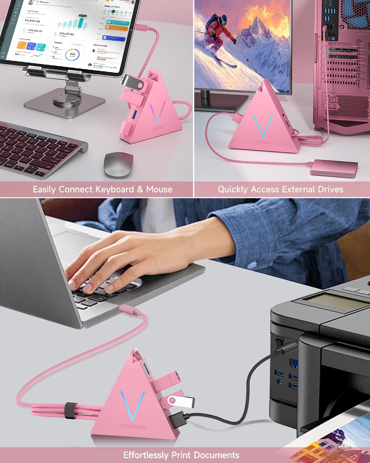USB C Hub, Type C to 4 USB 3.0 Ports with 2 FT Extension Cables,Thunderbolt to USB Hub Adapter for iPad Pro/Air, MacBook Pro, Mac mini, iMac, Surface,XPS, Mouse, External Hard Drives(Pink)