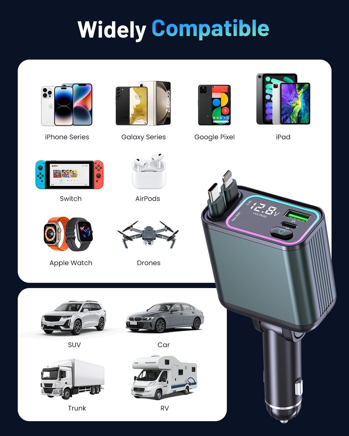4 in 1 Retractable Car Charger with RGB Light, 92W Fast Charging USB C Car Adapter, Compact Car Phone Charger for iPhone/Galaxy/Pixel, Car Accessories for Women Men (Lightning + Type C Cable)