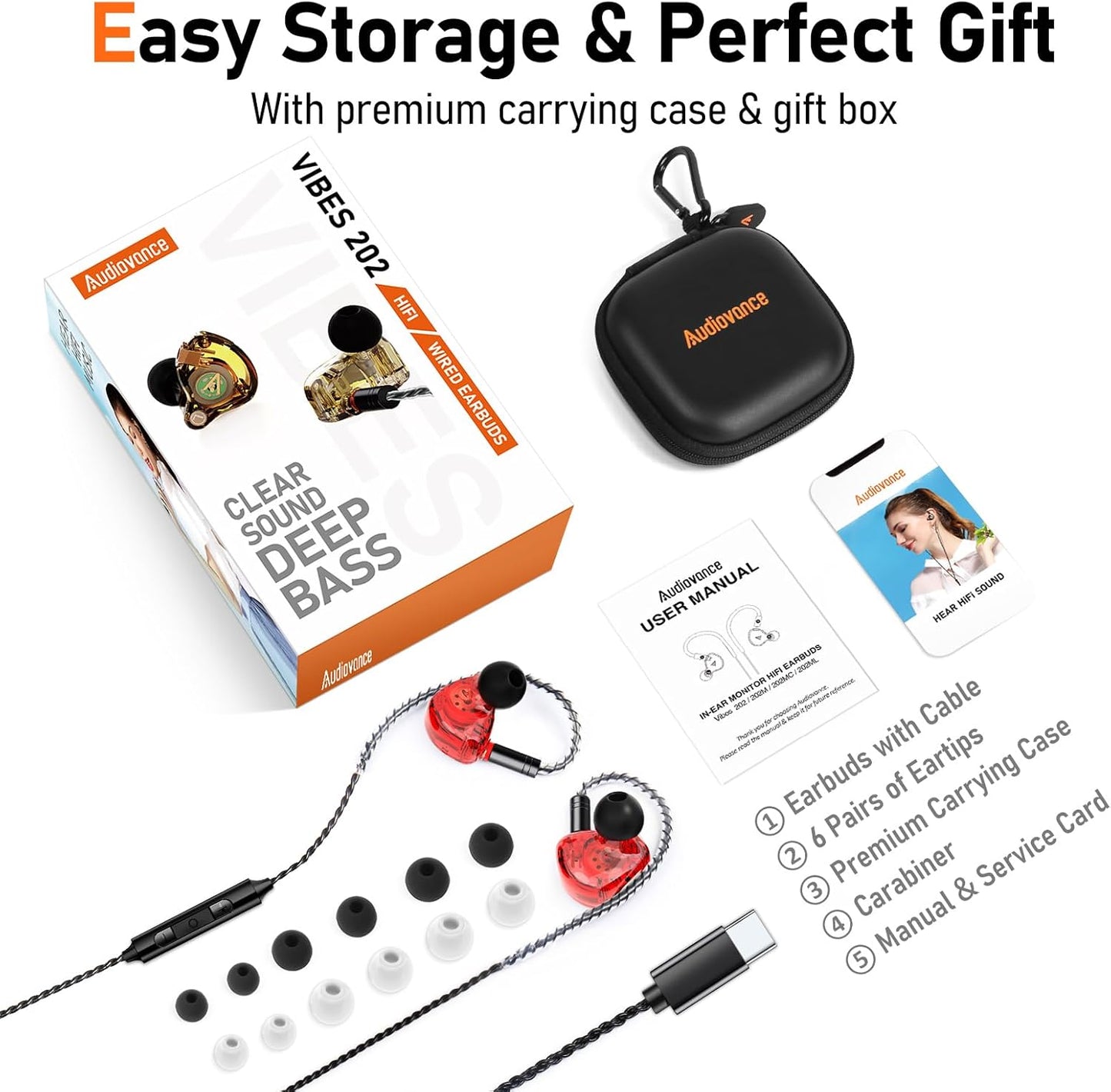 Vibes 202MC USB-C Wired Earbuds - HiFi in Ear Headphones - USBC for iPhone 16/15 - Noise-Isolating Ear Buds w/ Mic - Clear Sound, Deep Bass & Comfort-Fit Earphones - Silver Plated Cord, Carrying Case
