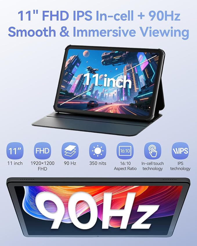 11 inch Android 15 Tablet, Helio G100 Octa-Core 16GB+128GB (1TB TF) Bpad 11 FHD 1920×1200 IPS 90Hz Widevine L1, 7000mAh PD 18W 5MP+8MP Camera, 4G LTE+2.4G/5G WiFi+BT5.0+GPS with Protective Case