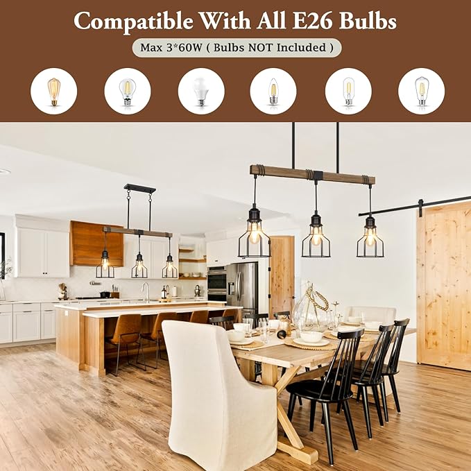 3-Light Kitchen Island Lighting, 63" Adjustable Height Pendant Light Fixtures Black Metal & Rustic Wood Modern Dining Room Linear Chandelier Over Table with E26 Base for Farmhouse Bar