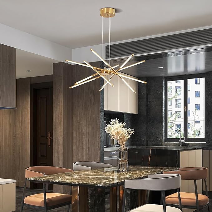 Modern Gold Chandelier, 12-Light LED Linear Pendant Light Fixture, Dimmable Gold Chandeliers for Dining Room, Living Room, Bedroom, Kitchen Island