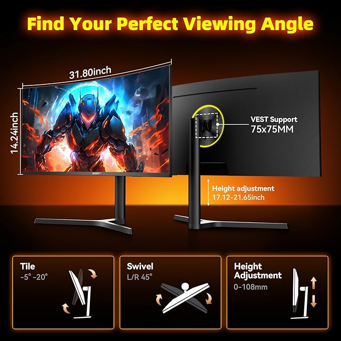 34 Inch Ultrawide Gaming Monitor - 21:9 WQHD 3440 x 1440 R1500 Curved Computer Monitor for Gamer, 180Hz 1ms AMD FreeSync PIP/PBP Crosshair TÜV Eye Care, HDMI 2.0 & DP1.4, Tilt/Height/Swivel Stand