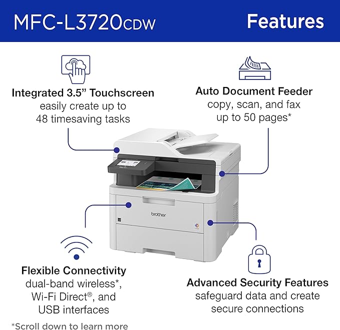 Brother MFC-L3720CDW Wireless Color Laser Printer with Scanner, Copier & Fax | Auto Duplex & 250-Sheet Capacity | Refresh Subscription Trial(1). Amazon Dash Replenishment Ready. (Renewed Premium)
