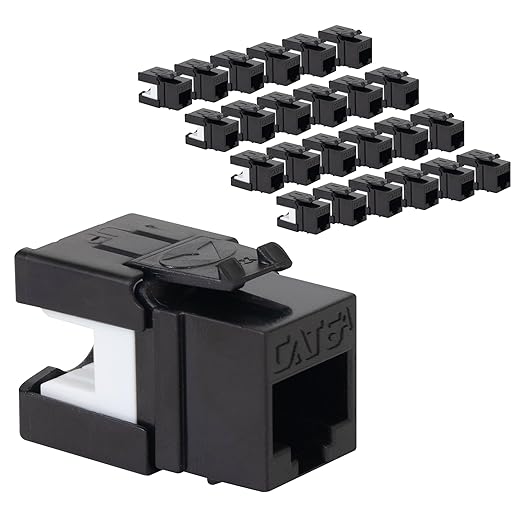 ICC CAT6A Keystone Jack with Slim Profile 180 Degree Punch Down, 10Gbps RJ45 UL Listed PoE++ TAA Compliant for Wall Plate or Patch Panel, Works with JackEasy Termination Tool, Black 25 Pack