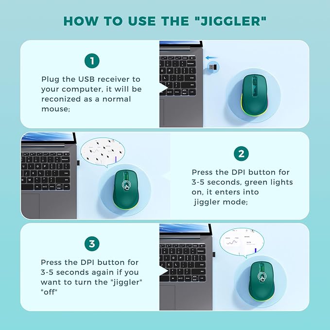 PEIOUS Wireless Mouse Jiggler - LED Wireless Mice with Build-in Mouse Mover, Rechargeable Moving Mouse for Laptop with Undetectable Random Movement Keeps Computers Awake - Dark Green