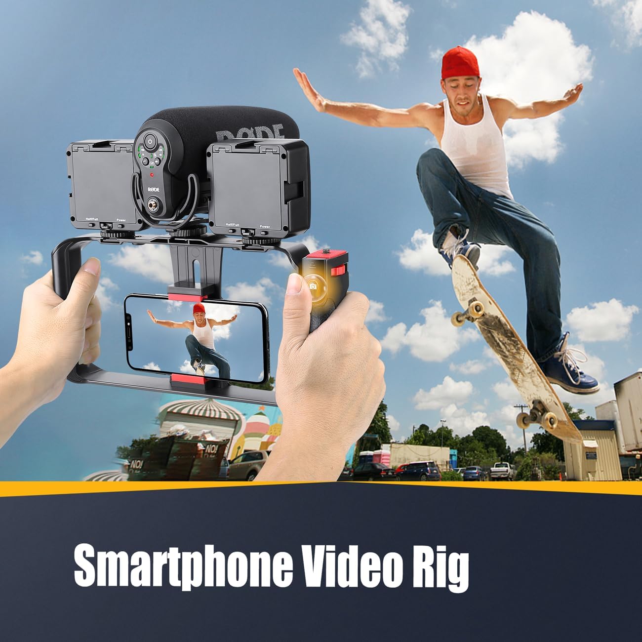 Zeadio Camera Handheld Stabilizer with Smartphone Video Cage Rig, Triple Cold-Shoe Handle Grip Compatible with All Camera Action Camera DSLR Smartphone