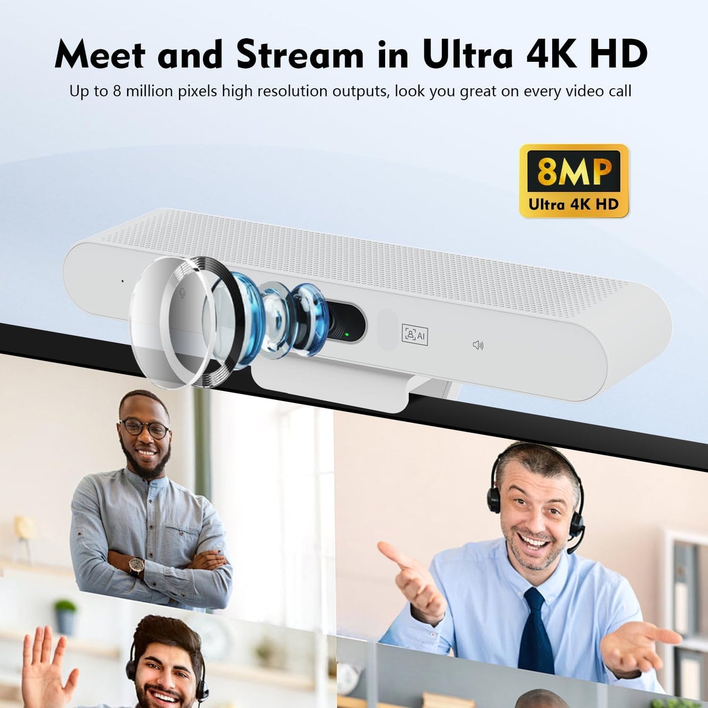 TOALLIN 4K Webcam with Microphone and Speaker, All-in-One Video Conferencing Camera, USB Video Bar, AI Auto-Framing & Speaker-Tracking, Conference Room Web Camera for Laptop, Meetings, Video Calls