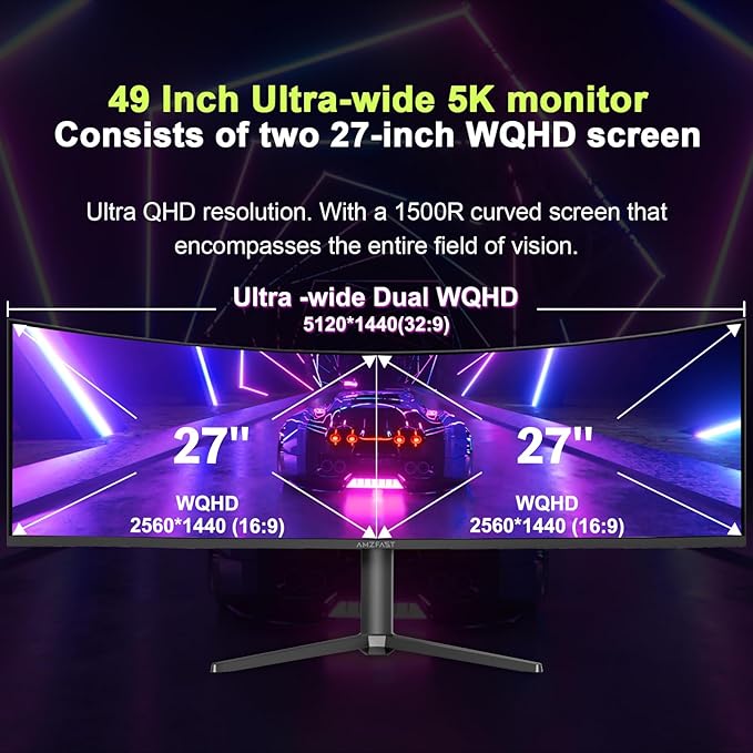 Amzfast 49 Inch Curved Monitor 120Hz DQHD 5120x1440p Ultrawide Gaming Monitor, 120% sRGB, 1500R, 1ms MPRT, HDR10, Adaptive Sync, PIP/PBP, Height Adjustable, HDMI 2.0/DP 1.4, VESA 75x75, AMZG49C7U