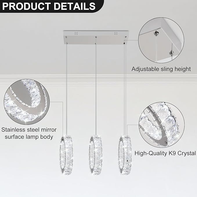 Buccleuch 3-Ring Crystal Chandelier, 9.84" Ring Diameter Dimmable LED Pendant Light, UL-Certified Stainless Steel K9 Crystal Ceiling Light for Dining Room, Living Room, Bedroom, 6500K 4400lm