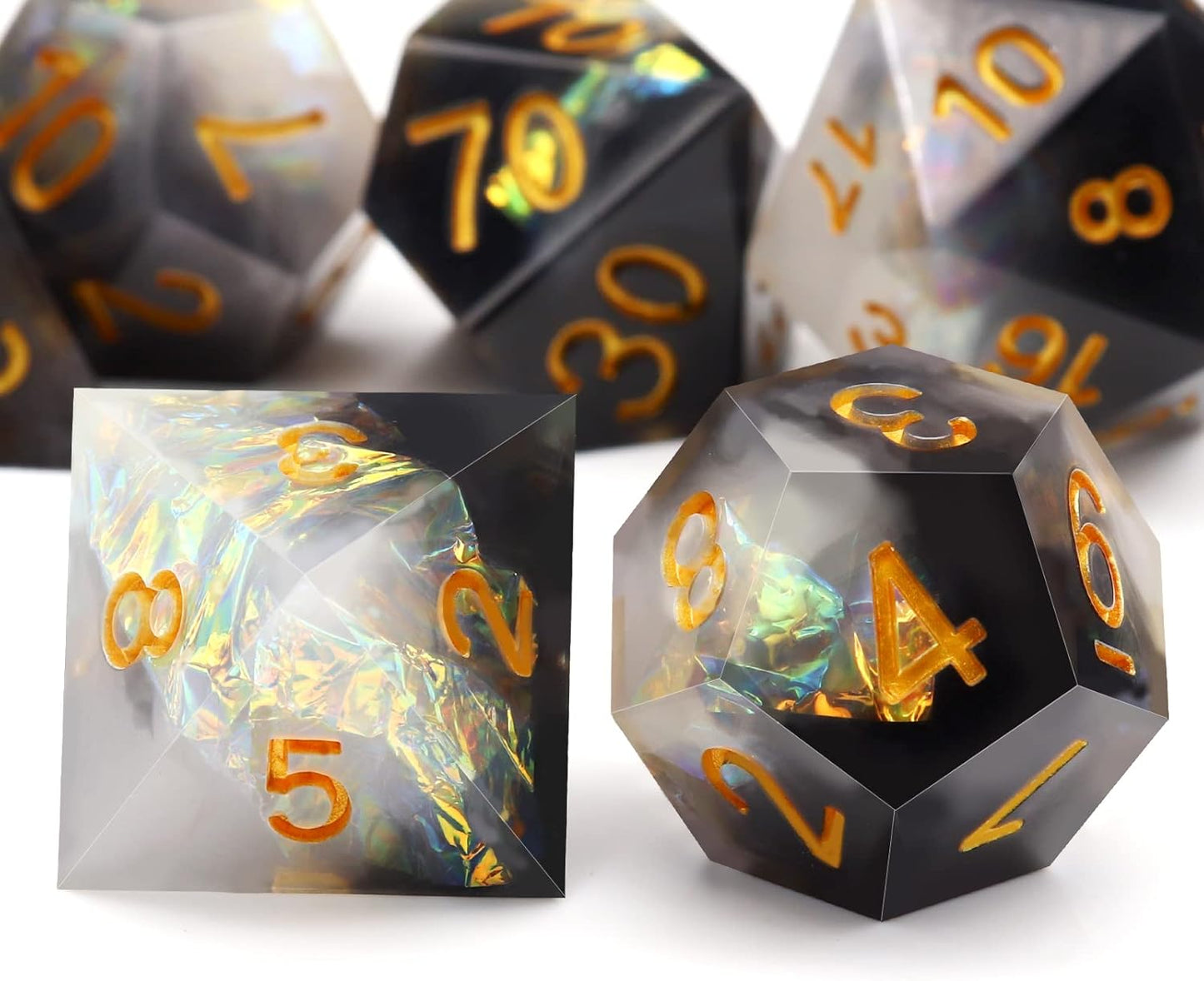 Haxtec Sharp Edge Dice Set DND Dice Black and White Resin Dice Iridecent Mylar Galaxy D&D Dice for RPG Role Playing Compatible with Dungeons and Dragons Gift