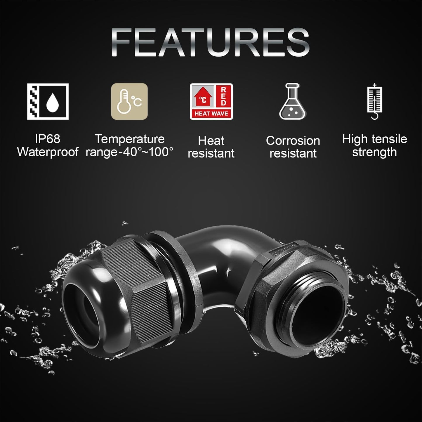 LeMotech M16 Cable Gland, 90 Degree Adjustable 6-10mm Strain Relief, Cord Connectors Nylon Joints with Gaskets, 6 Pcs, Black