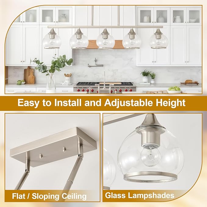 5 Light Round Linear Chandelier Nickel Modern Glass Hanging Light Minimalist Clear Kitchen Chandeliers Hight Adjustable for Dining Room Island Living Room (Nickel)