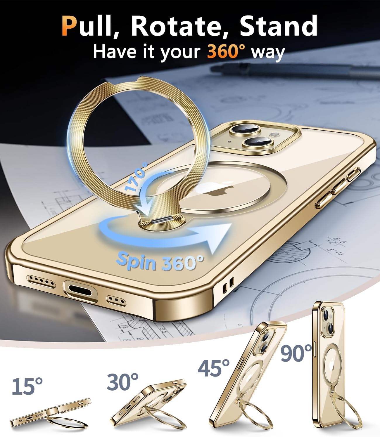 [360° Rotatable CD Stand & Built-in Privacy Screen Magnetic Case for iPhone 14 [Compatible with MagSafe & Full Signal] Mil-Grade Shockproof Full Body Anti-Spy Cover for 14-Gold