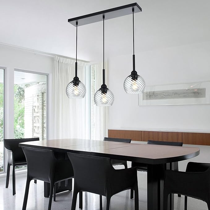 3 Light Linear Island Lights with Striped Swirl Globe Glass, Black Kitchen Hanging Pendant Light Fixture Farmhouse Chandelier for Dining Room Bar Living Room