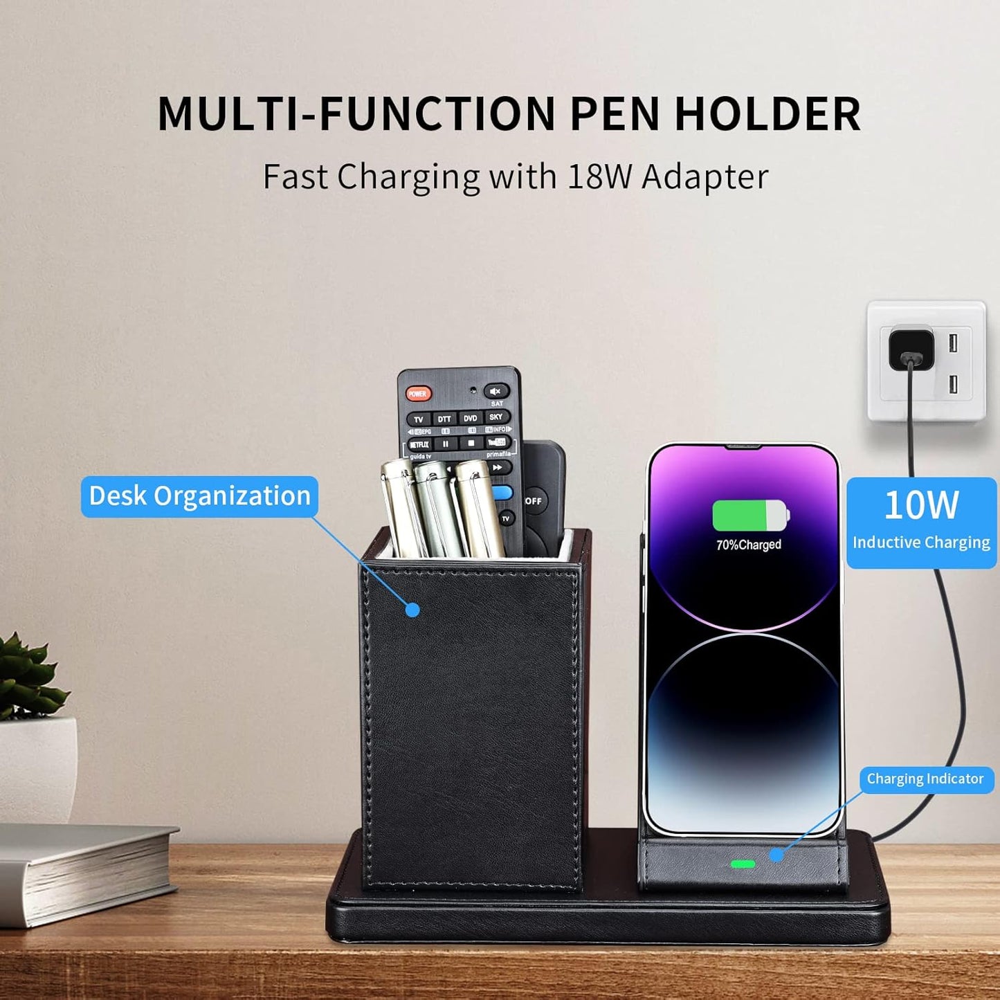 Wireless Charger with Desk Organizer, Wireless Charging Station for iPhone 13/13 Pro Max/13 Pro/12 Series/11/XS Max/XR/X/8Plus/SE 2, Wireless Charging Stand with Leather… (Black)