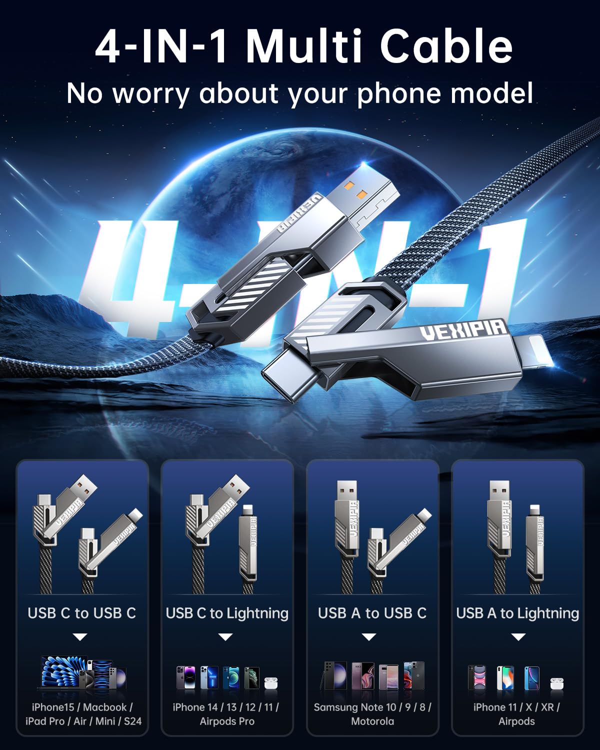 [Upgraded] 4-in-1 USB C Cable 60W 3FT Lightning Cable Fast Charging Flat Nylon Braided for iPhone iPad Charger Cord [480Mbps Data Sync] Multi Charge Combo with Lightning/Type C/USB A Port