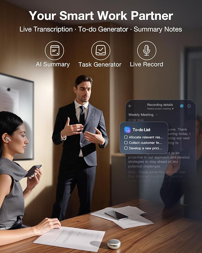 RecDot AI Voice Recorder Earbuds, viaim AI Meeting Assistant with Transcription, 78 Languages, FlashRecord, to-Do Lists & Summaries with viaim AI, 48dB ANC for Meetings, Interviews & Lectures, Sliver