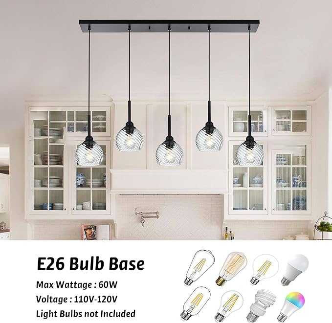 5 Light Kitchen Pendant Lighting Over Island with Striped Swirl Globe Glass, Black Blown Glass Pendant Light Hanging Ceiling Lamp Contemporary Chandelier for Dining Room Bar Living Room