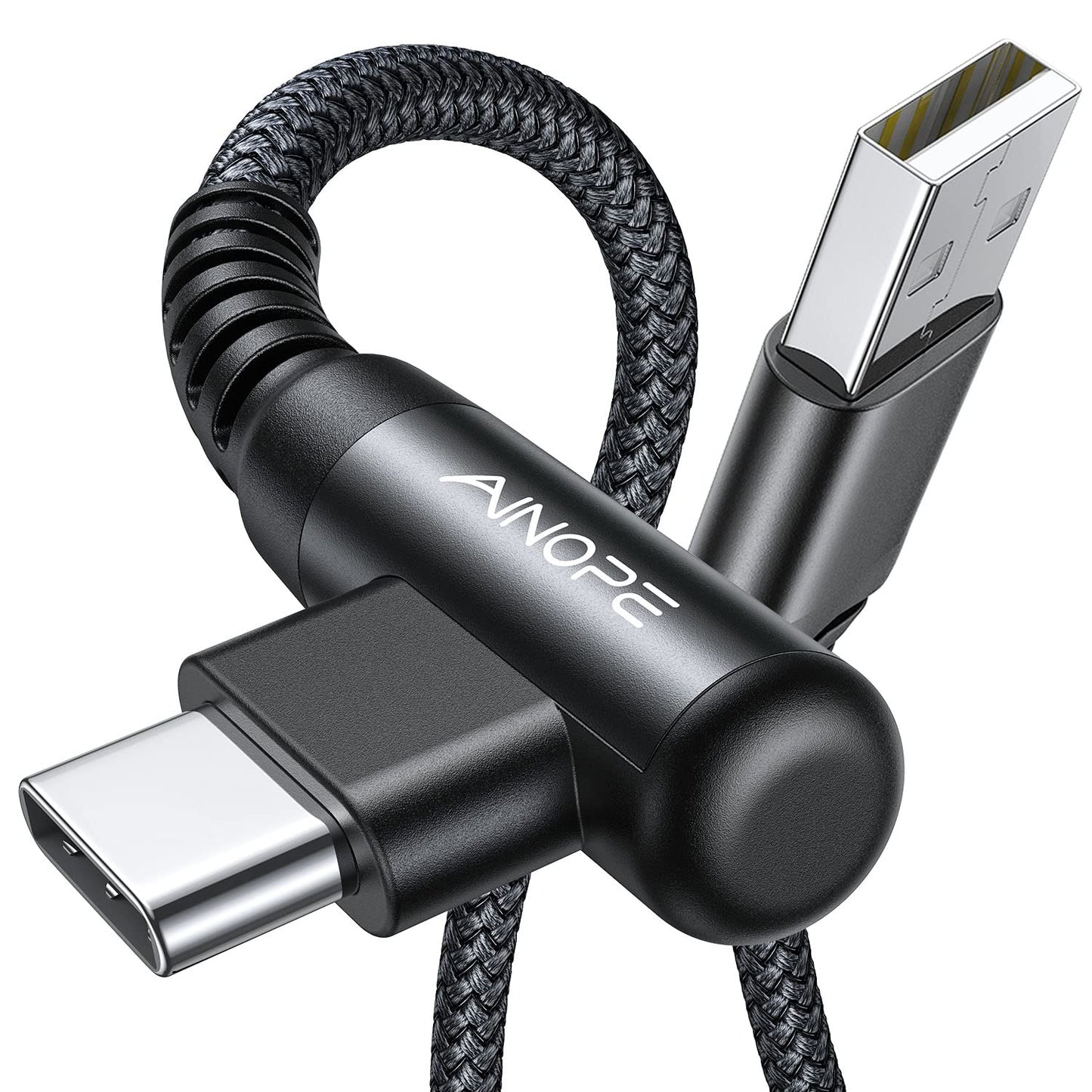 AINOPE Type C Charging Cable Fast Charge 3.1A Right Angle USB C Charger Cable, Resistant Nylon Braided USB C Cord -10ft/3m Black