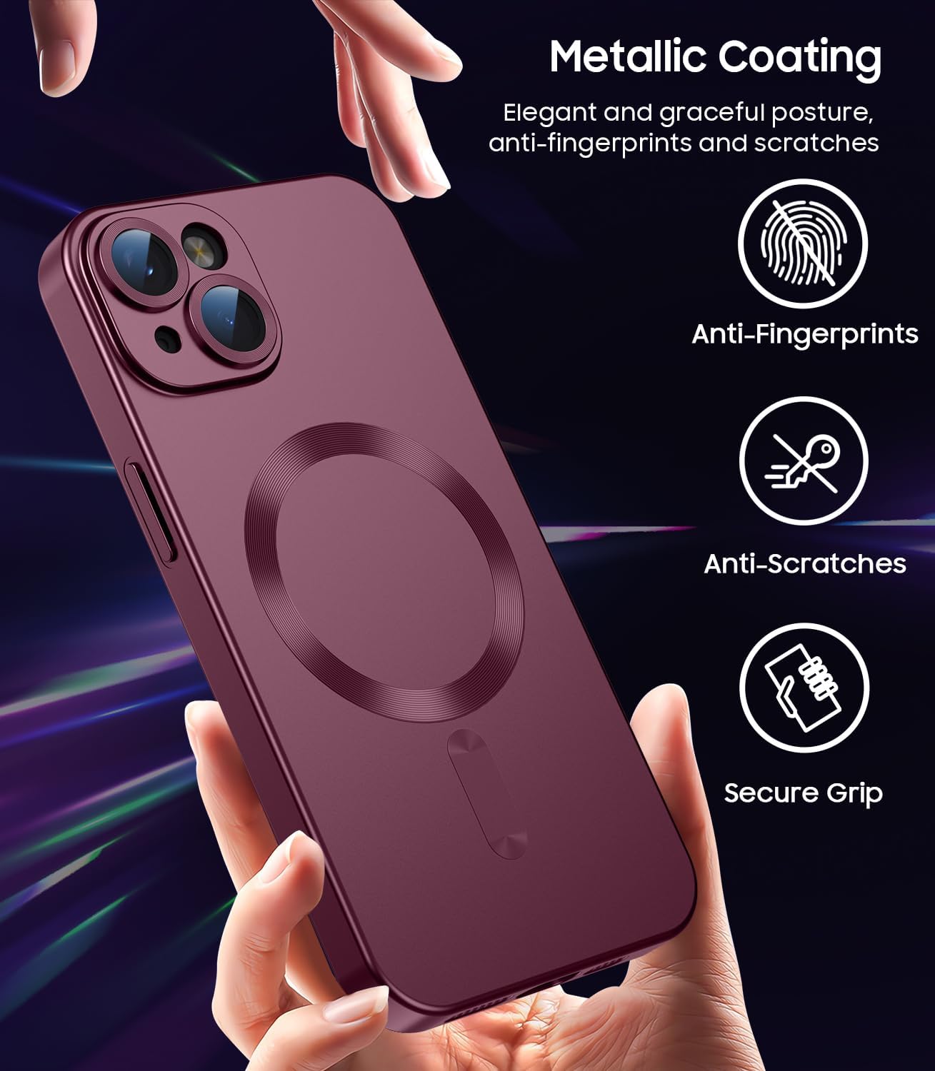 Magnetic for iPhone 13 Case [Compatible with MagSafe][Built-in Camera Lens Protector] Slim Soft Silicone Bumper Shockproof Metallic Luster Phone Case (Burgundy)