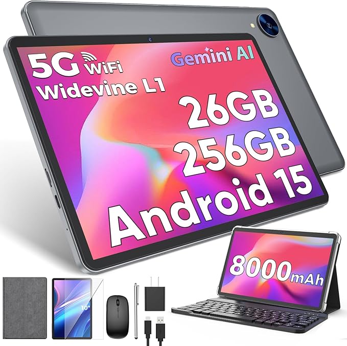 Android 15 Tablet with Keyboard, 26GB RAM, 256GB ROM(2TB Expand), 10 inch tablet with Octa-core, 8000mAh Battery, 2.4G/5G WiFi, BT 5.0, 5MP+13MP Camera, Gemini AI, Case, Mouse, Stylus (Silver Case)