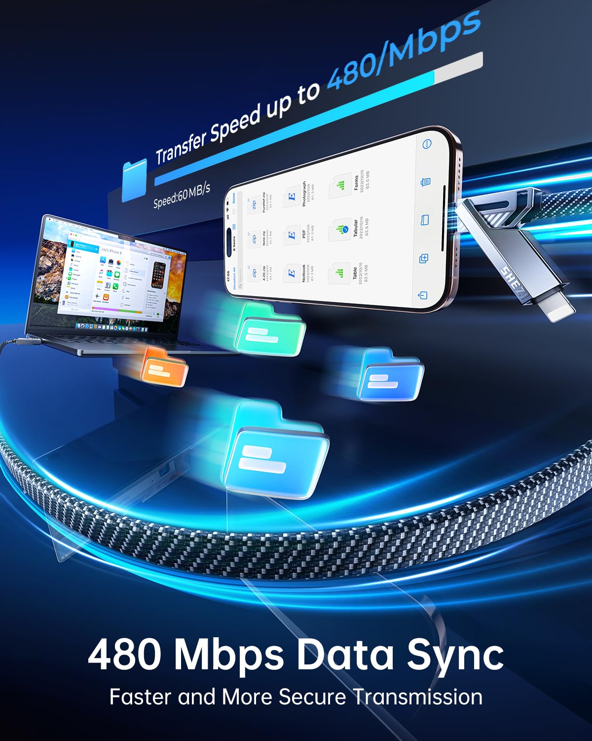 SHEZI [Upgraded 2.0] 4-in-1 Long USB C Cable 60W 10FT Fast Charging [480Mbps Data Transfer] Flat Braided Multi Charger Cord Wire Combo with L/USB C/A Port for iPhone/iPad & All Devices, Grey