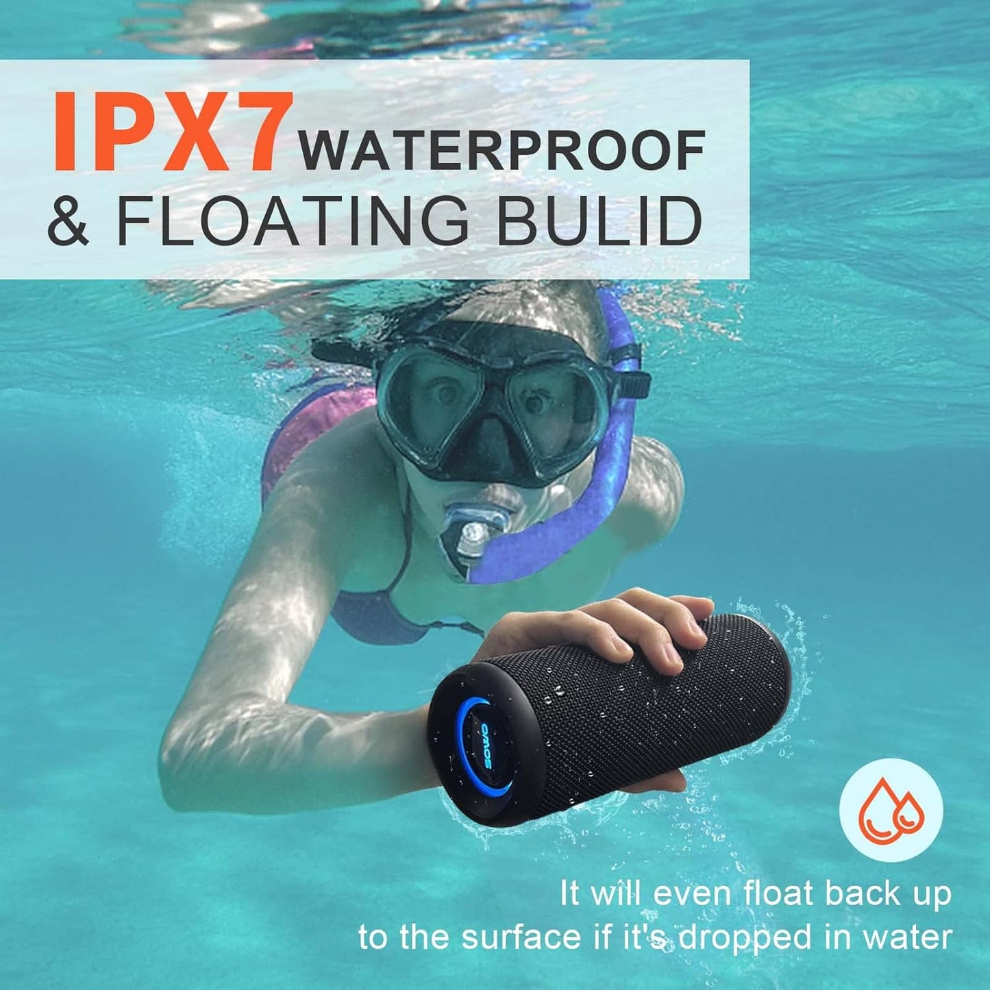 Wireless Portable Speaker,IPX7 Waterproof Bluetooth Speaker, 25W Loud Stereo Sound, Bassboom Technology, TWS Pairing, Built-in Mic, 16H Playtime with Lights for Home Outdoor - Black
