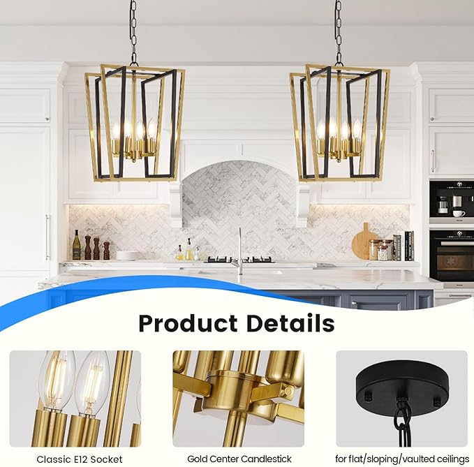 WJShome Industrial 4 Lights Chandelier, Black and Gold Lantern Ceiling Light Fixtures, Adjustable Height Farmhouse Geometric Hanging Light for Kitchen Island, Dining Room, Entryway